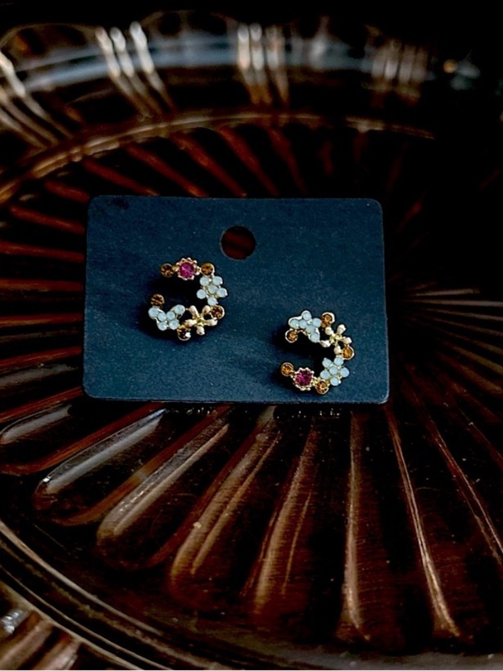 Gold Tone Floral Crescent Moon Earrings